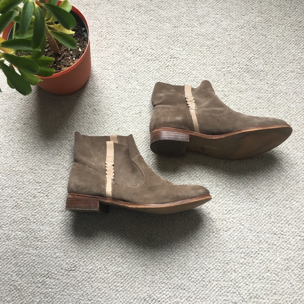Flat tan taupe ankle boots w/ braid